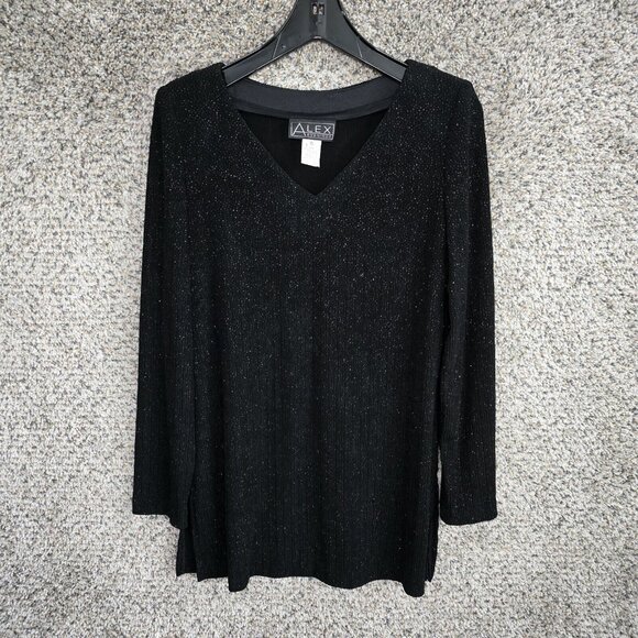 Alex‎ Evenings Top Womens Small Black Shimmer Textured Shoulder Pads Blouse - Picture 1 of 7